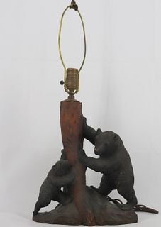 Antique Black Forest Carved Bear Lamp.