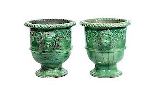 A Pair of Green Glazed Terracotta Garden Urns, Height 21 1/4 x diameter 20 1/2 inches.
