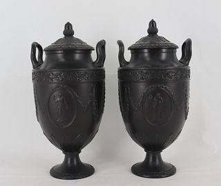 A Pair of Wedgwood Basalt Lidded Porcelain Urns.