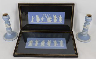Pair Framed Wedgwood Plaques & Pr of Candlesticks