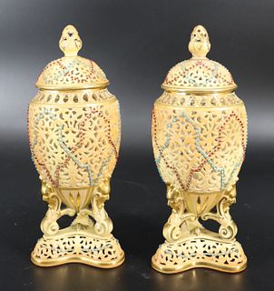 Pair Royal Worcester Jewel Pierced Lidded Urns