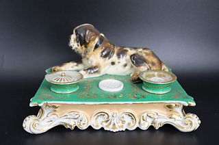 Attr. Staffordshire Porcelain inkwell With Dog.