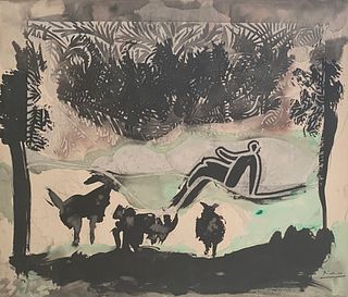 Pablo Picasso “Le Berger” Watercolor on Linocut