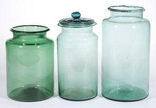 ASSORTED FREE-BLOWN GLASS STORAGE JARS, LOT OF THREE