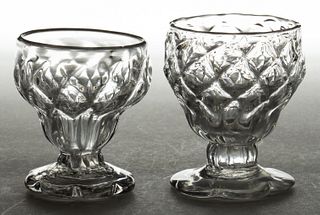 PATTERN-MOLDED DIAMOND-QUILT GLASS FOOTED OPEN SALTS, LOT OF TWO
