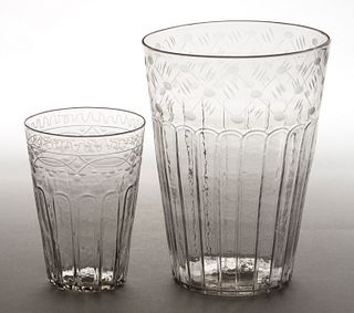 PATTERN-MOLDED AND ENGRAVED FLIP GLASSES, LOT OF TWO