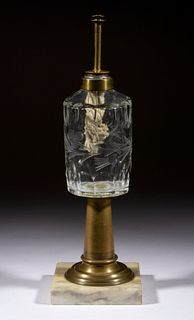 FREE-BLOWN, CUT, AND THISTLE ENGRAVED FLUID / KEROSENE STAND LAMP