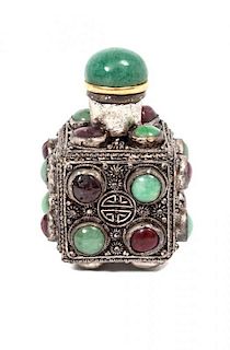 * A Jeweled and Hardstone Inset Metal Snuff Bottle, Height 1 5/8 inches.