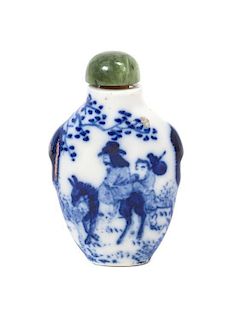 * A Blue and White Porcelain Snuff Bottle, Height 2 3/4 inches.
