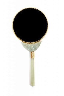 A Cinnabar Lacquer and Jade Mounted Hand Mirror, Length 8 7/8 x diameter of mirror 4 inches.