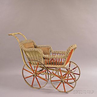 White-painted Wicker and Turned Wood Doll Carriage.