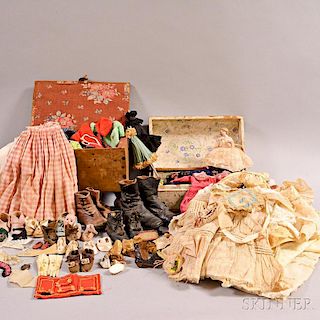 Two Doll Clothing Trunks and a Large Group of Assorted Doll Clothes and Accessories.