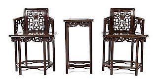 A Chinese Carved Hardwood Parlour Suite, Height 30 3/4 x width 15 1/2 x depth 15 3/4 inches.