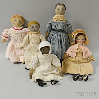 Four Painted Oilcloth Rag Dolls and a Painted Cloth Doll