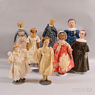 Five Painted Rag Dolls and Three Painted Oilcloth Dolls