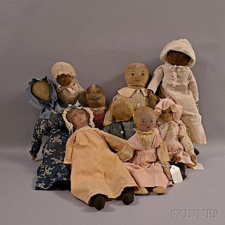 Nine Painted Cloth Rag Dolls