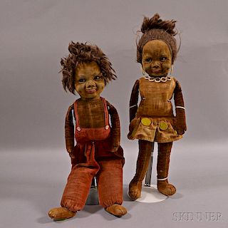 Two Norah Wellings Black Jamaican Boy and Girl Cloth Dolls