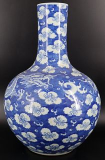 Large Chinese Blue and White Dragon Vase.