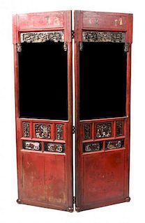 A Red and Gold Lacquered Chinese Screen, Height 76 1/4 x width 49 x depth 2 inches.