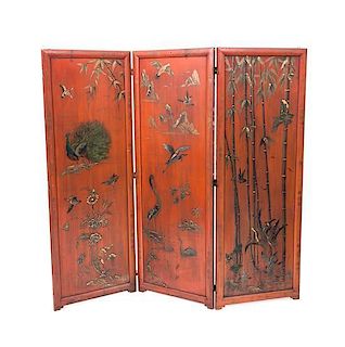 * A Three-Panel Lacquer and Gilt Decorated Floorscreen, Height 66 1/2 x width 24 inches (each panel).