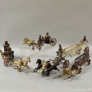 Four Painted Cast Iron Horse-drawn Fire Pumper Wagons