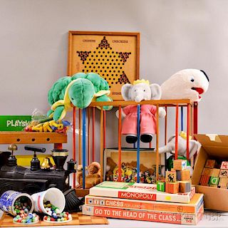 Group of Children's Toys, Wooden Blocks, and Stuffed Animals.