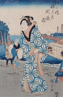 Utagawa Hiroshige, (Japanese, 1797-1858), Three Ladies at the Beach at Enoshima