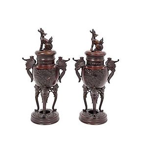 * A Pair of Japanese Bronze Censers, Height 13 3/4 inches.