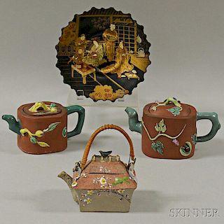 Three Clay Teapots and a Lacquer Plate