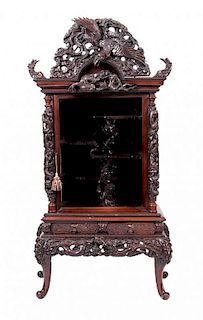 * A Japanese Carved Hardwood Vitrine, Height 82 1/2 x width 41 1/2 x depth 18 1/2 inches.