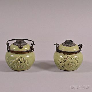 Pair of Celadon-glazed Oil Lamps