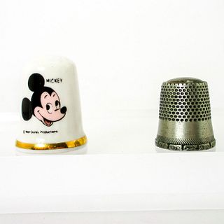 2pc Vintage Ceramic & Pewter Thimbles Disney Mickey Mouse