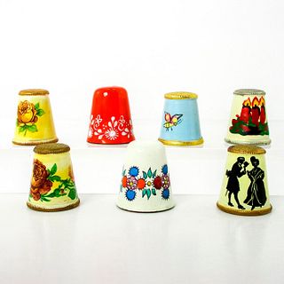 7pc Rare Vintage Austrian Thimbles Ceramic and Enamel