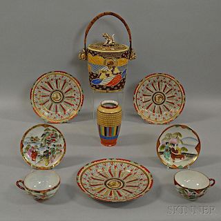 Satsuma Biscuit Jar and Eight Pieces of Polychrome Porcelain