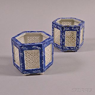 Pair of Blue and White Openwork Holders