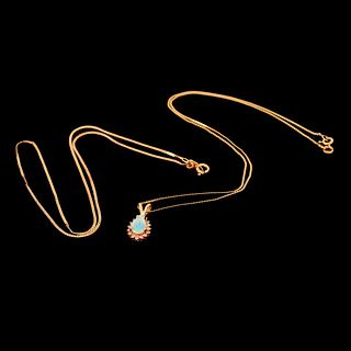 14K Yellow Gold Diamond & Opal Pendant & 2 Gold Chains