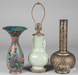 Chinese celadon table lamp and two vases