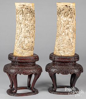 Pair of Chinese or Japanese carved ivory tusks