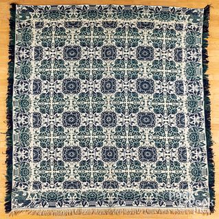 Unusual blue and teal Jacquard coverlet