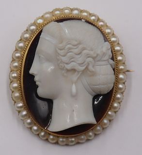 JEWELRY. 14kt Gold Carved Cameo of a Beauty.
