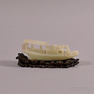 Jade Carving of a Boat and Wood Stand