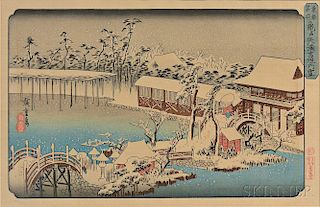 Woodblock Print Depicting a Snowy Village Scene