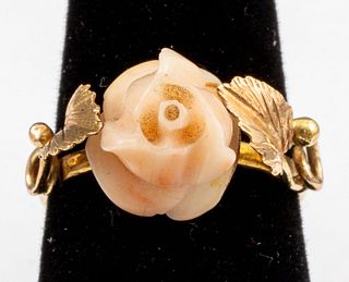 Vintage 18K Yellow Gold Carved Coral Rose Ring