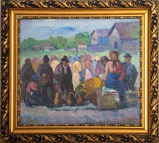 Reczei 'Village Scene' Oil on Canvas Painting