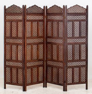 Indian Carved Hardwood Four-Panel Screen