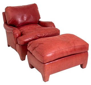 Red Leather Upholstered Arm Chair & Ottoman