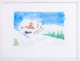 Bernard Eckstein Vintage Ski Watercolor on Paper