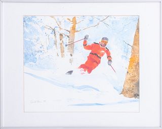 Bernard Eckstein Vintage Ski Watercolor on Paper