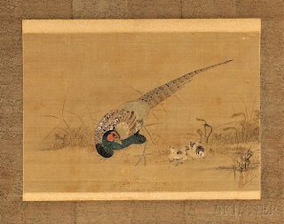 Hanging Scroll Depicting a Male Pheasant with Chicks