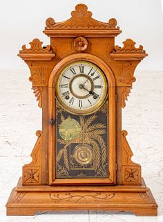 American Carved Wood Mantel Clock